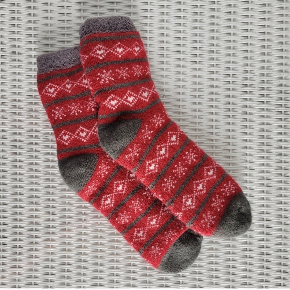 Red and Gray Fuzzy Lined Socks with Snowflake Pattern